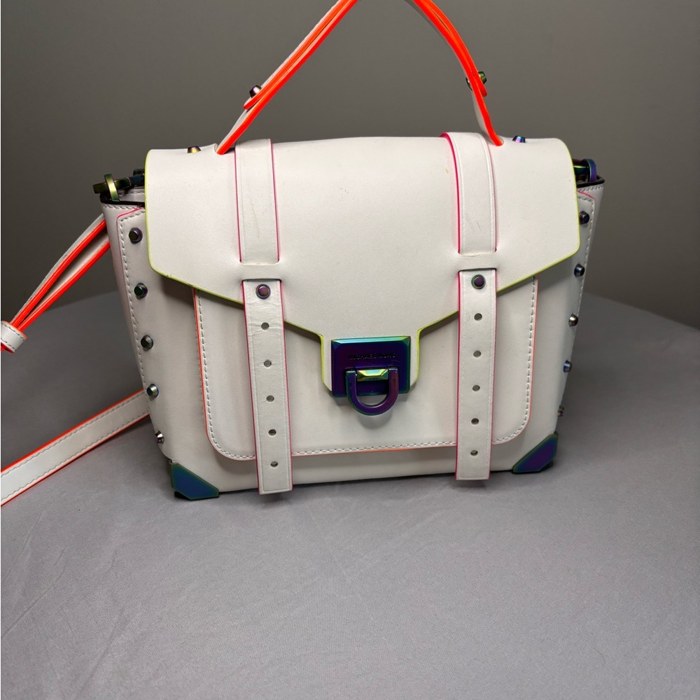 Michael Kors Manhattan Medium Contrast-Trim White Leather Satchel